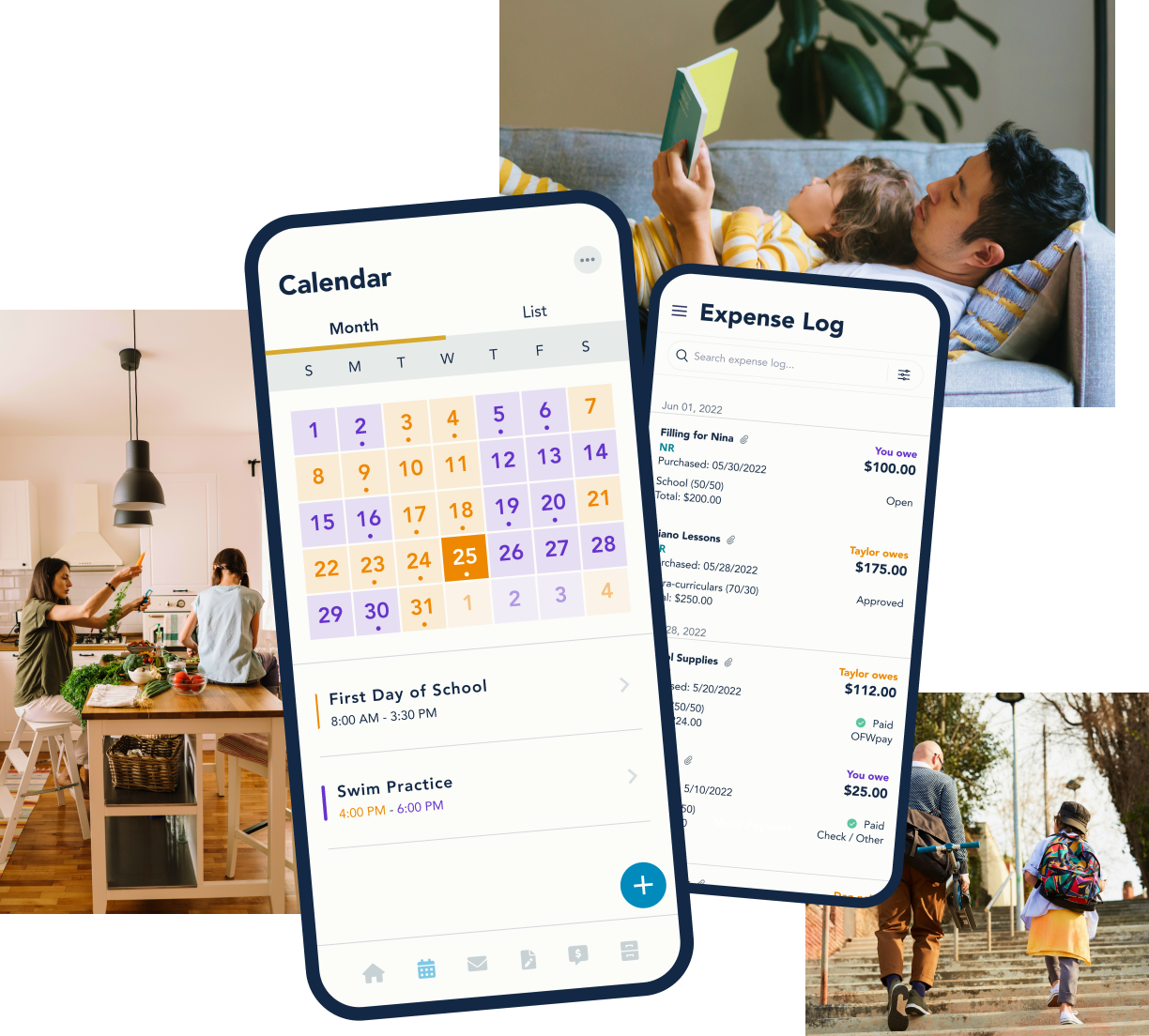 OurFamilyWizard app displaying the Calendar and Expense Log